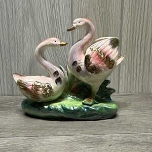 Vintage Ceramic Swan Planter Pair Pink Gold Accents 70's 80's Decor Grannycore